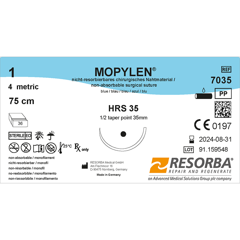 Мопілен USP1 синій, довжина 75см, колюча голка 35мм, збільшений діаметр, 1/2кола